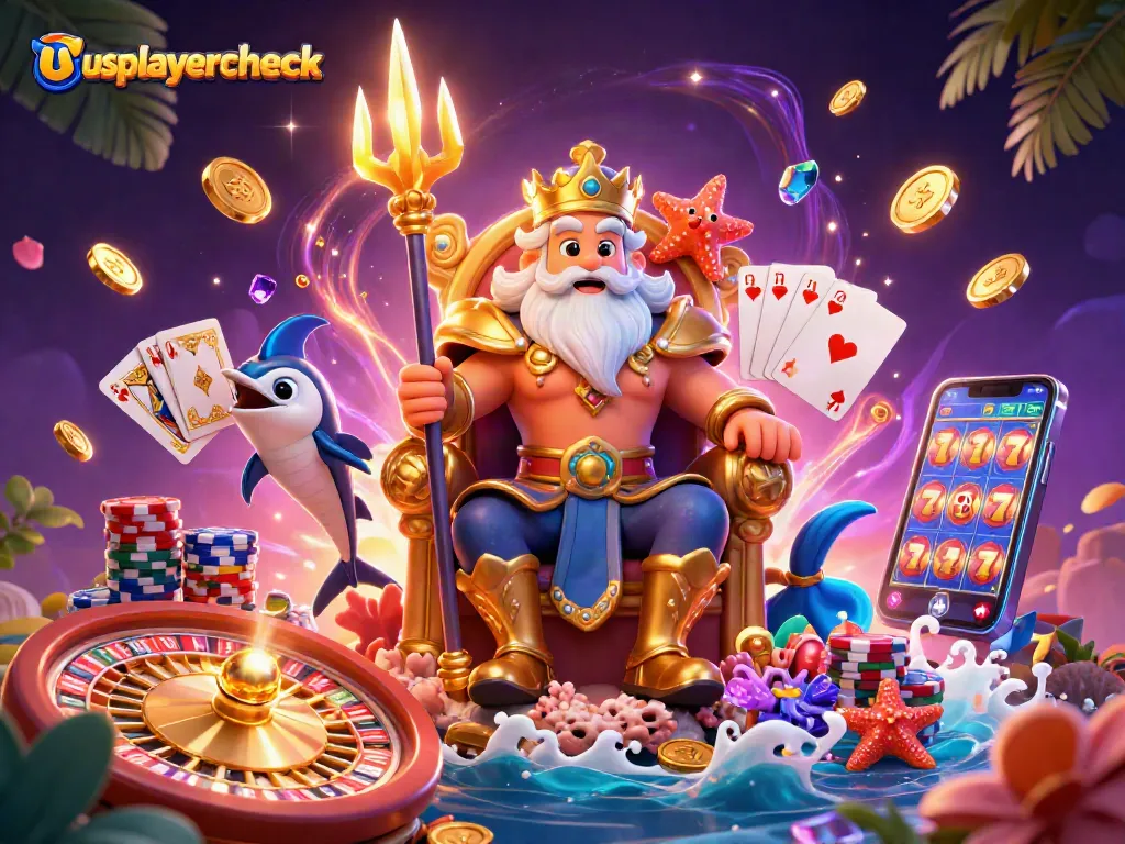 Spin to win at usplayercheck's high-stakes casinos featuring Neptune in a vibrant 3D scene.