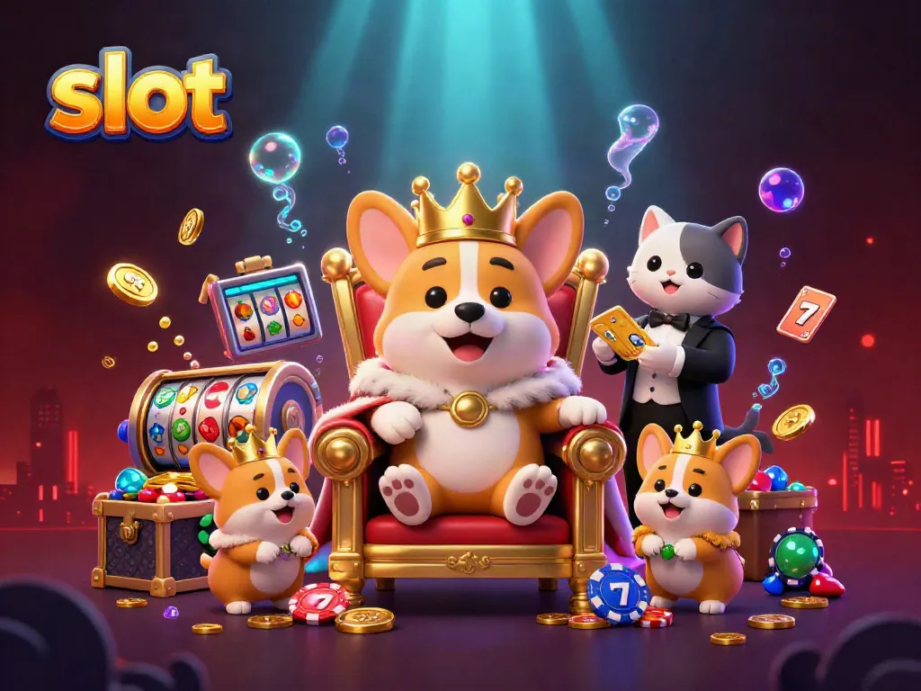 Slot corgi royal dengan mahkota emas, mesin slot, dan koin emas yang melimpah.