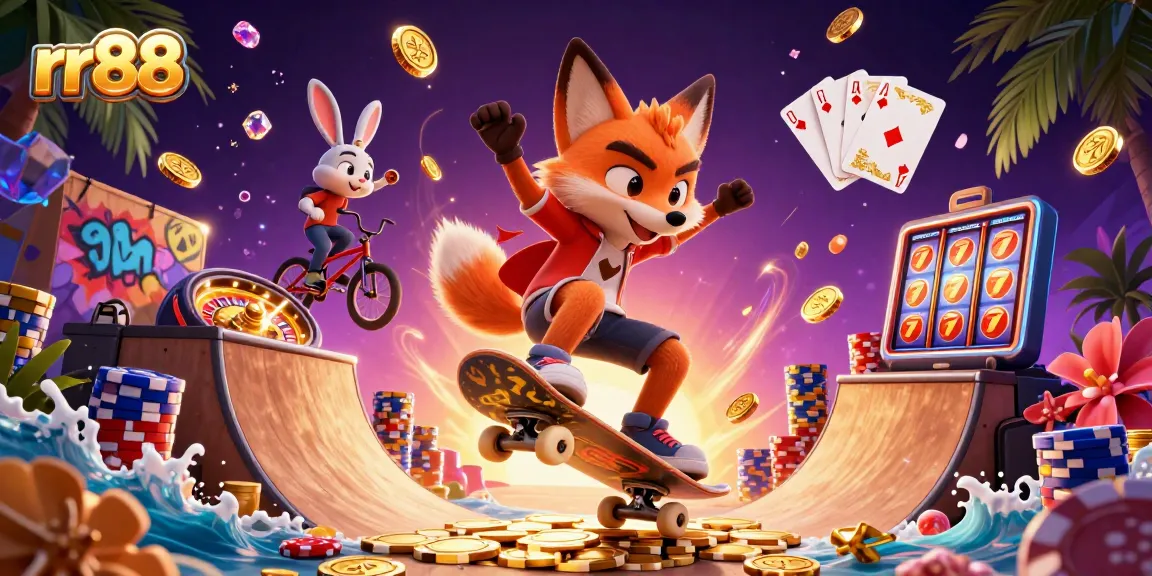 rr88 showcases a vibrant scene of a skateboarder fox and BMX rabbit in a dazzling casino setting.