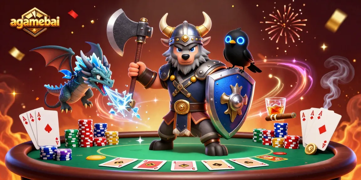 Join agamebai's poker showdown featuring a Viking wolf warrior battling amidst vibrant casino action!