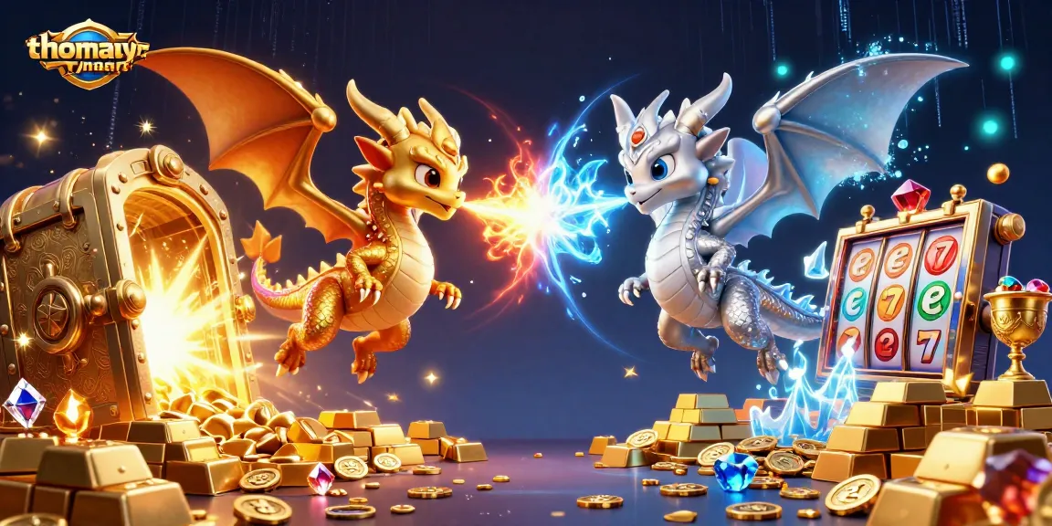 Engage in thrilling gameplay with thomayman, witnessing dragons and treasures collide in a dynamic casino scene.