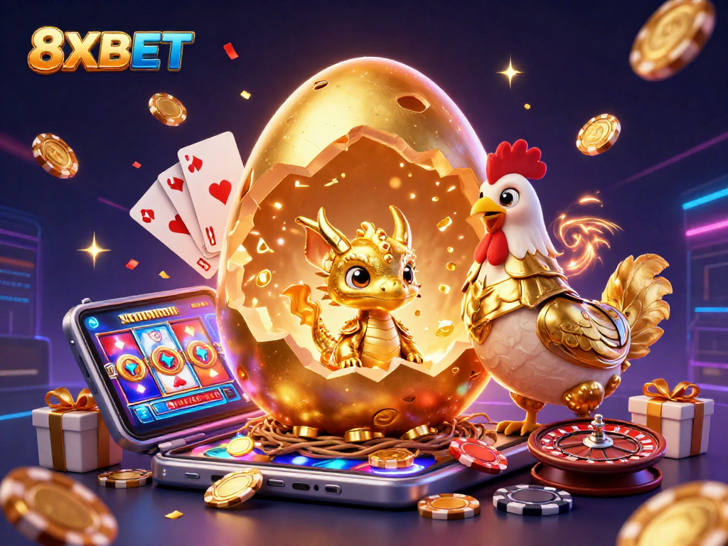Experience the exciting gambling world of 8XBET with vibrant visuals and engaging gaming characters.