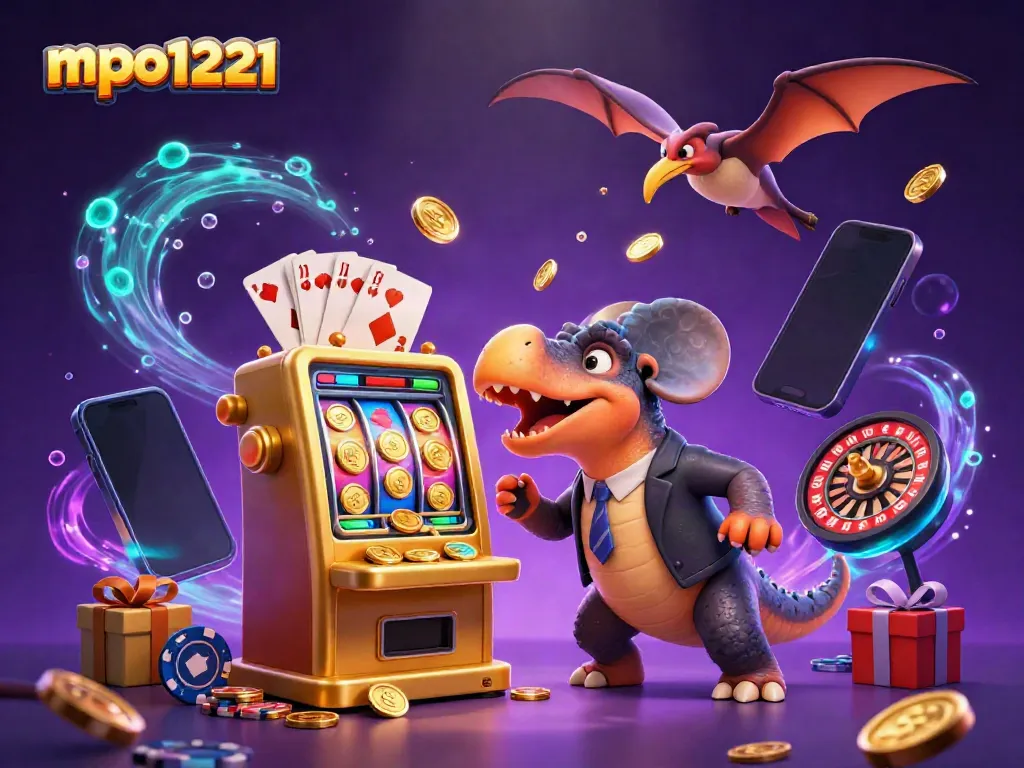 Watch mpo1221's jackpot coins fly as a cartoon dinosaur celebrates a big win at the slot machine.