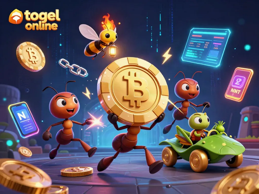 Menjalankan permainan togel online dengan antusias, para karakter kartun dalam ilustrasi 3D yang penuh warna.