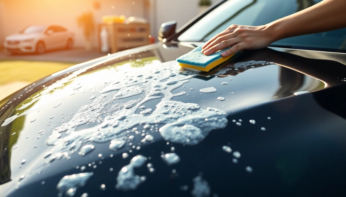Beginner engaged in a simple car detailing routine for beginners with soapy water and detailing supplies.