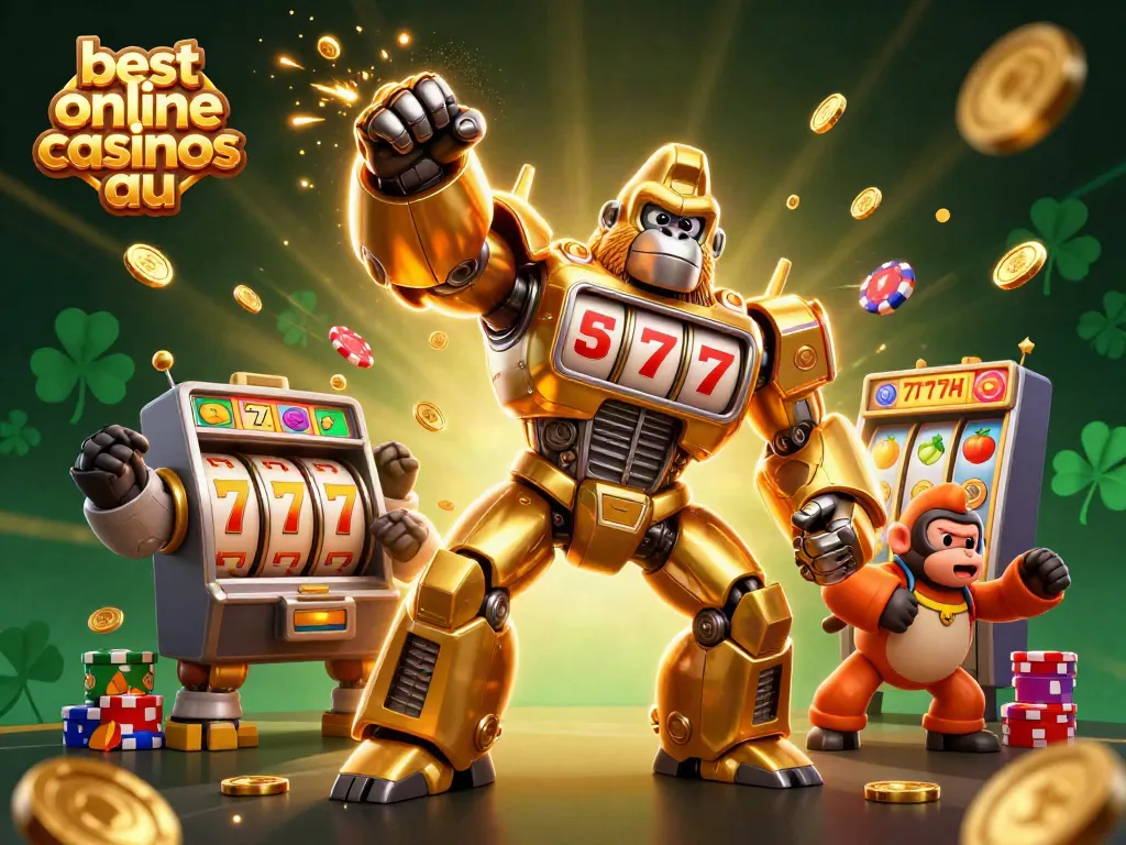 Engage with the best online casinos au through this dynamic 3D illustration of a golden gorilla mech celebrating wins with slot reels and coins.