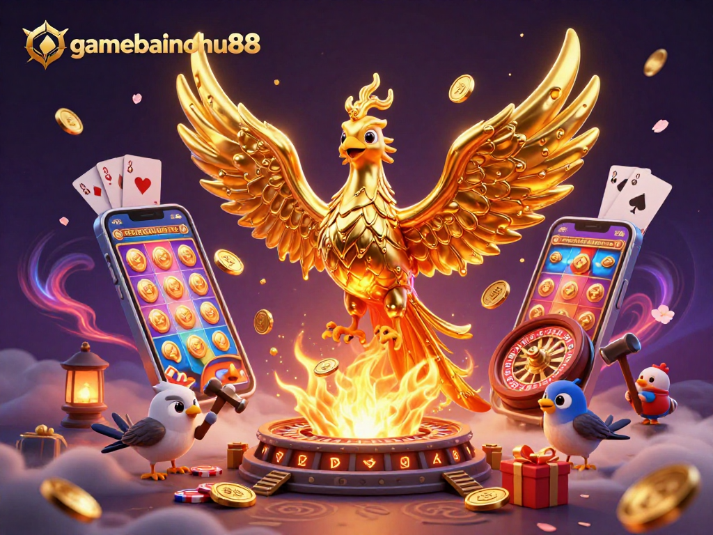 Experience thrilling gameplay with gamebainohu88 as golden phoenix and sparrow assistants create riches in a dynamic casino scene.