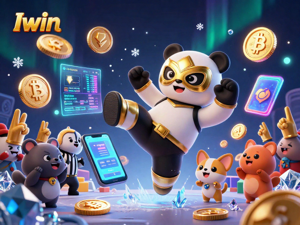 Iwin showcases exciting gameplay with a wrestling panda in a crypto casino scene.