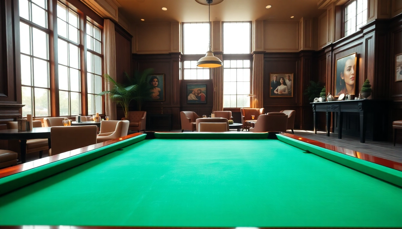 Buy Pool Tables in an upscale game room featuring polished mahogany and natural lighting.