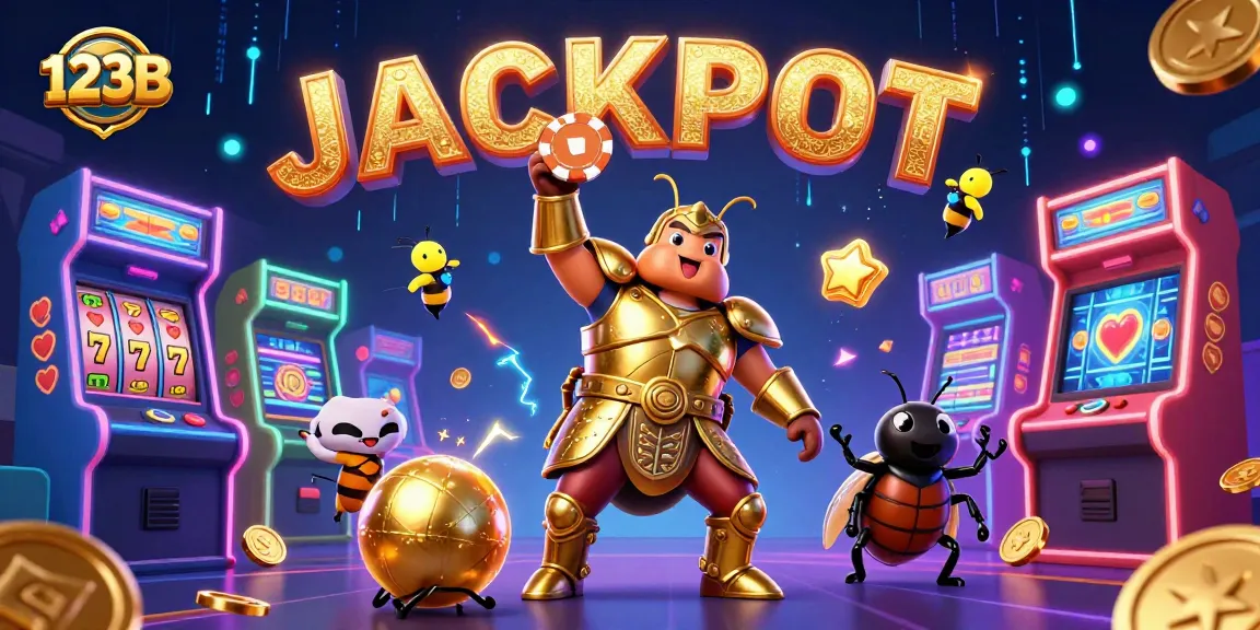Experience thrilling action at 123B casino with a victorious hercules beetle and a jackpot celebration!