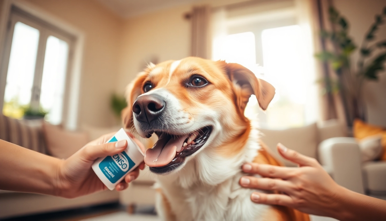 Applying DMSO for dogs to soothe joint pain, showcasing a relaxed canine.