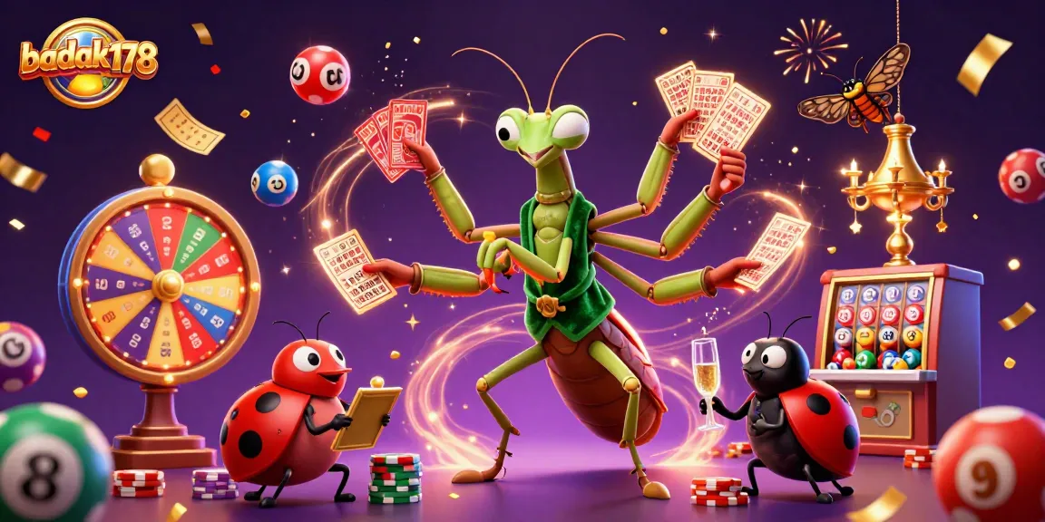 Engage with badak178's lottery excitement as a giant praying mantis deals cards amidst celebration.