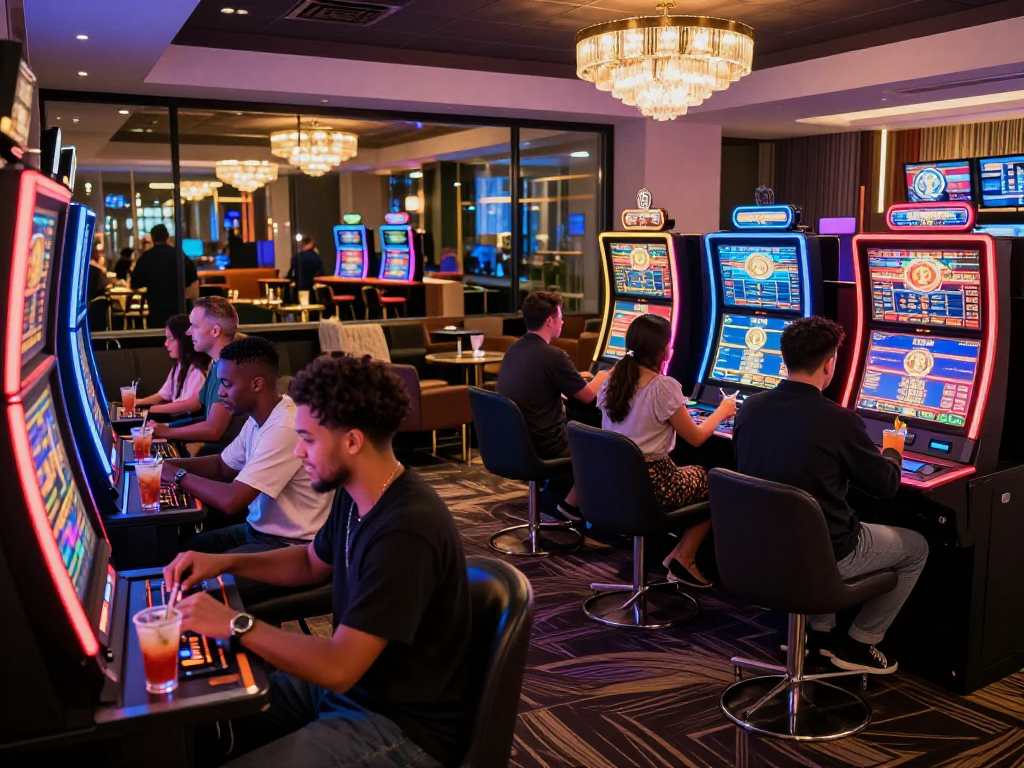 Exciting crypto casino gaming atmosphere with players engaged in vibrant activities and real-time crypto value displays.