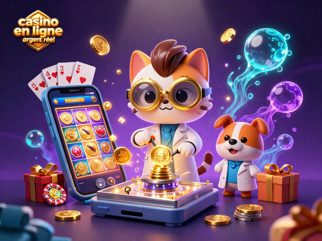 Plongez dans l'univers du casino en ligne argent réel avec une illustration dynamique captivante d'un chat scientifique et son chien assistant.