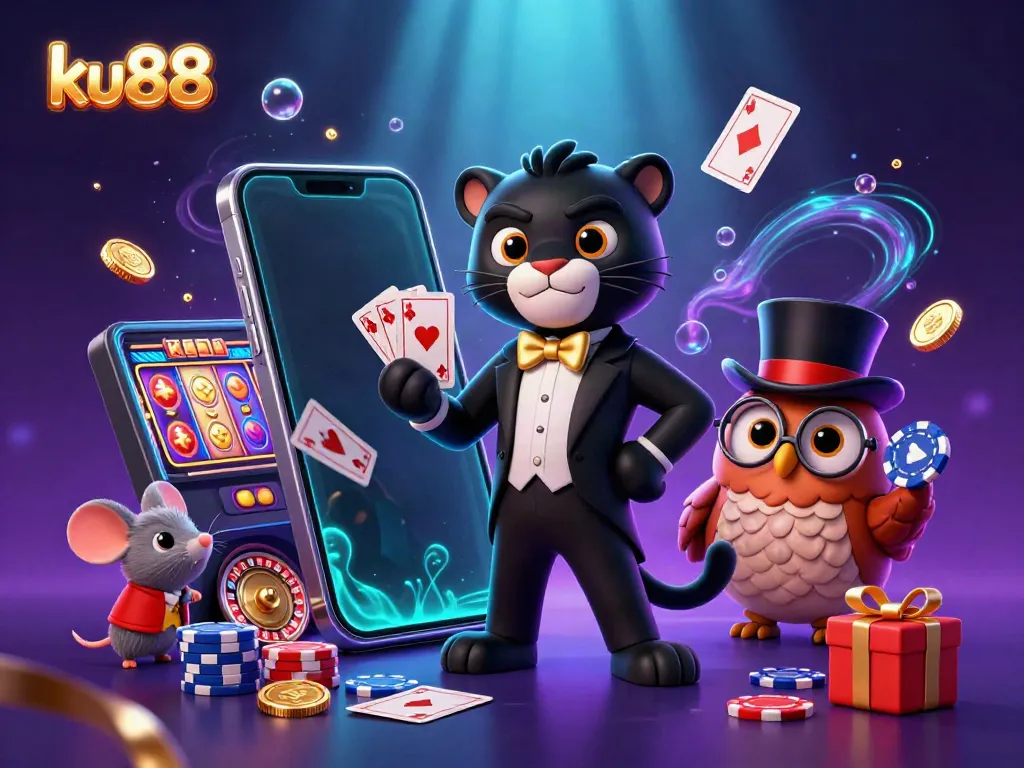 Engaging ku88 casino scene with 3D characters, poker chips, and slot games, illustrated in vibrant colors.