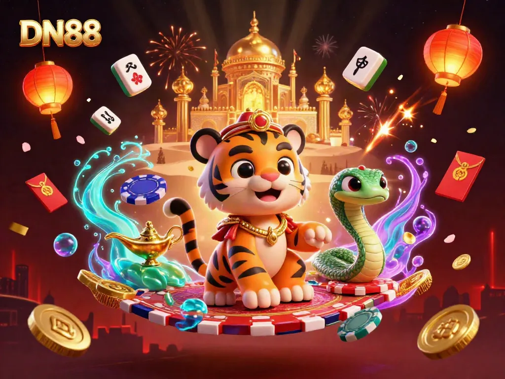 Experience DN88's vibrant casino magic with a cartoon tiger sultan on a poker chip carpet amidst fireworks and treasures.