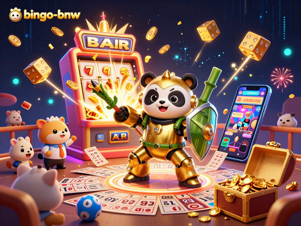 Bingo-bnw experience with a golden panda in an action-packed bingo arena, celebrating a jackpot.