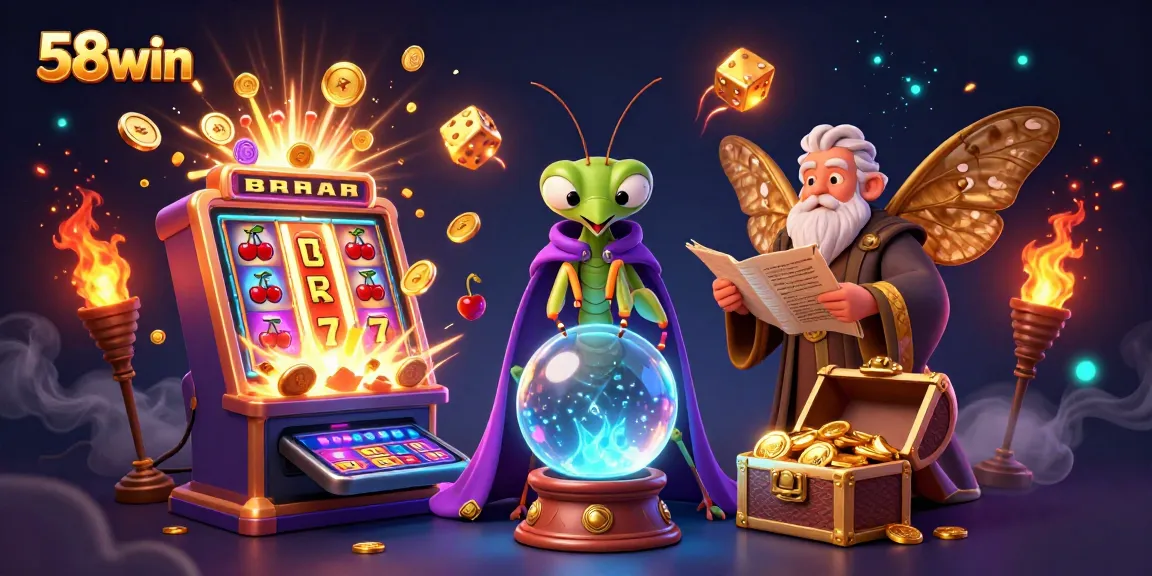 Experience exciting wins at 58win with colorful slot machines and vibrant casino games illustrated in a dynamic scene.