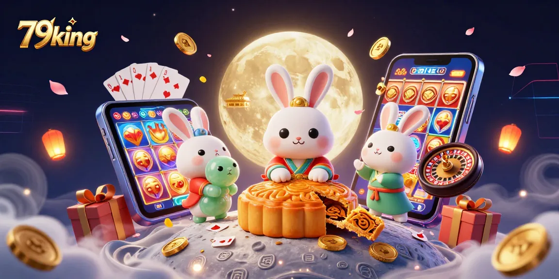 Engage with 79king's lively atmosphere featuring a moon rabbit and vibrant casino elements.