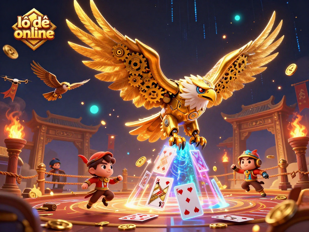 Experience thrilling lô đề online gameplay with a dynamic scene of a cybernetic eagle amidst betting elements.