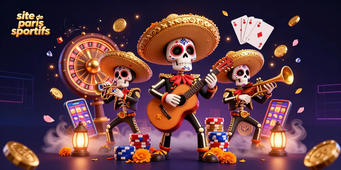 Animation de band mariachi squelettes en jouant à un site de paris sportifs dynamique avec jetons étincelants.