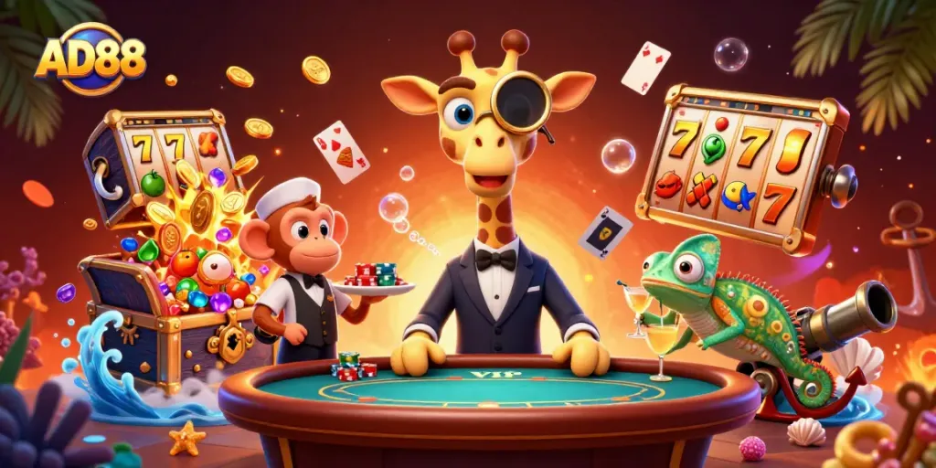 Engage in the excitement of AD88 with a vibrant casino scene featuring a high-roller giraffe and monkey valet.