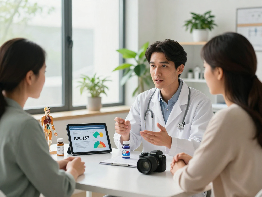 Health expert discussing BPC 157 Benefits with a patient in a modern clinic setting.