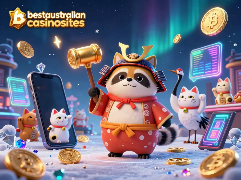 Experience winning at bargain online with the cheerful tanuki and samurai crane in a vibrant casino scene by bestaustraliancasinosites.
