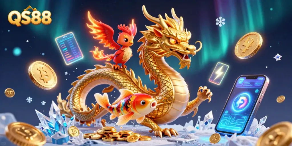 Engage in thrilling QS88 casino experiences with a vibrant dragon and phoenix amidst a shower of coins.