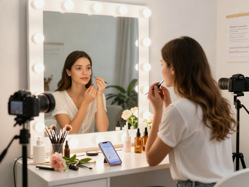 Young woman preparing for an attractive test in a beauty studio, applying skincare products and capturing the transformation.