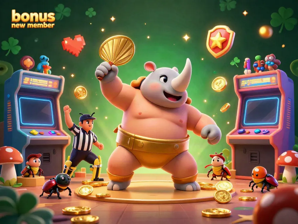 Experience the excitement of winning with this illustration showcasing the bonus new member concept featuring a sumo beetle and vibrant game elements.