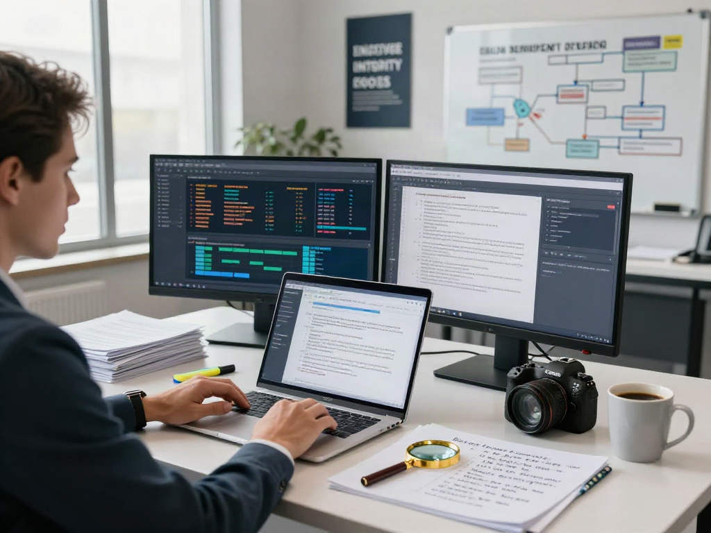 Detailed analysis of document fraud detection solution with analytics dashboard and printed materials on a modern office desk.