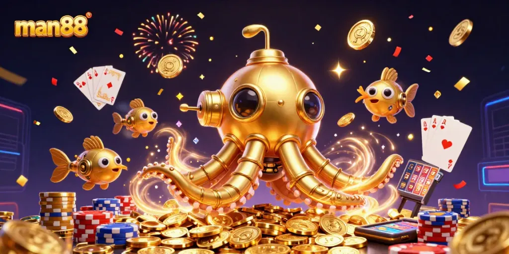 Play exciting casino games with man88, featuring a stunning golden kraken submarine and treasures!