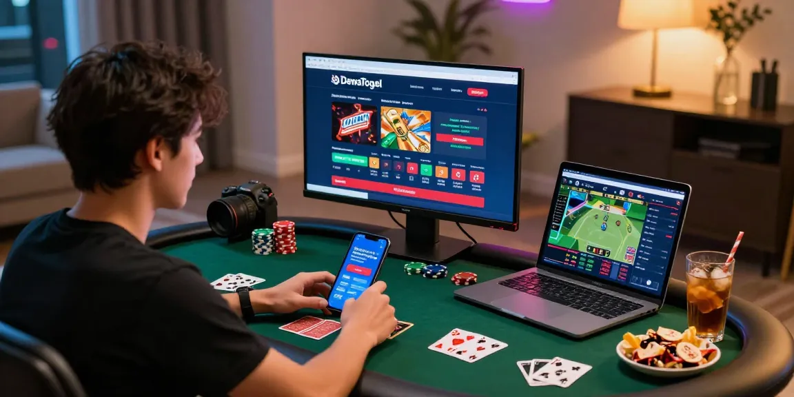 Dewatogel user engaging with online betting platform in a stylish urban setting