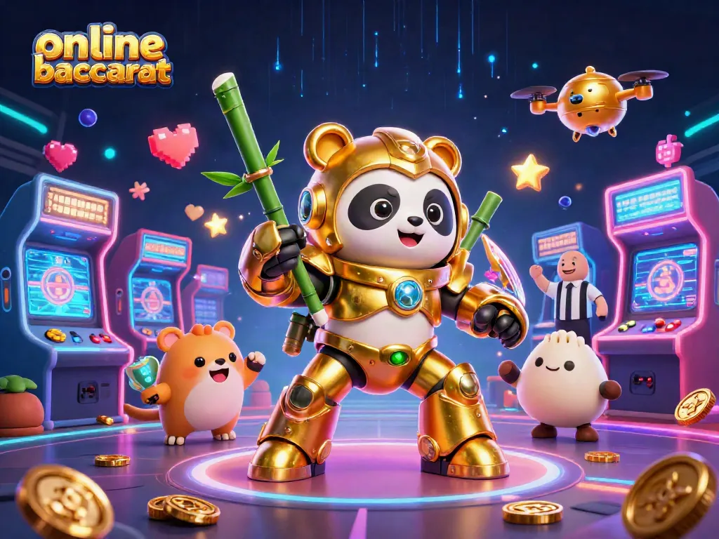 Experience the thrill of online baccarat with a golden panda piloting a bamboo robot in a lively 3D casino scene.