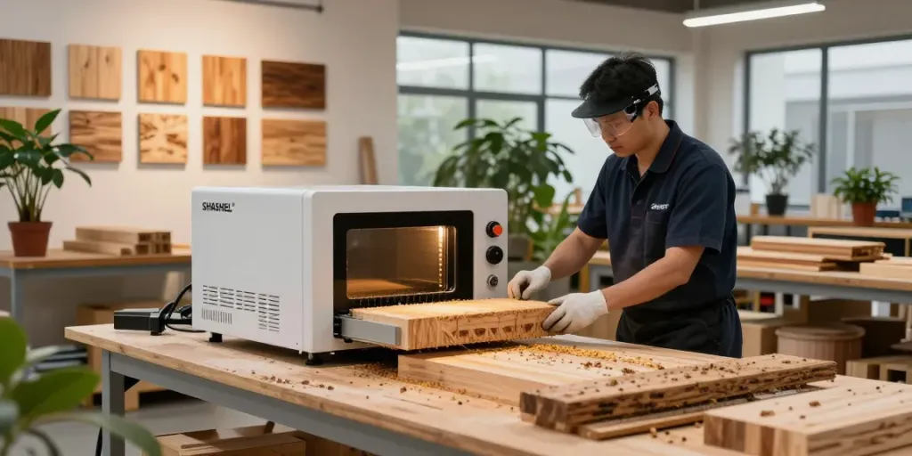 SHASHEL® microwave wood treatment device in action, technician handling woodworm elimination in a bright workshop.