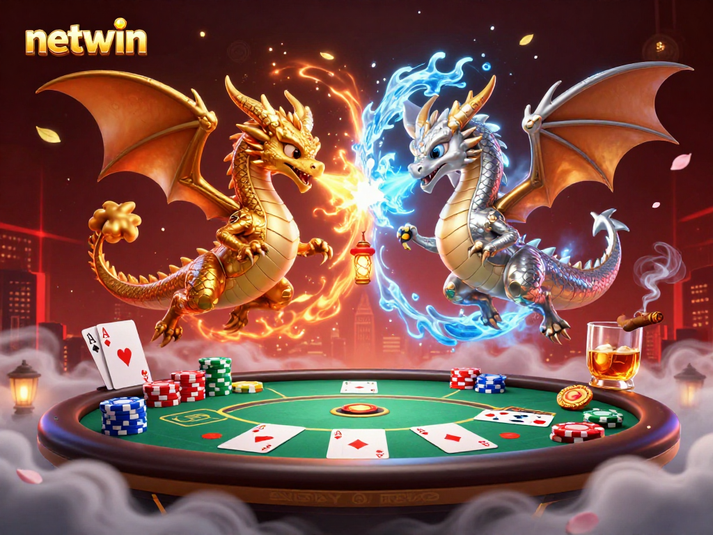 Experience thrilling gameplay with netwin as golden and silver dragons duel amidst poker elements.