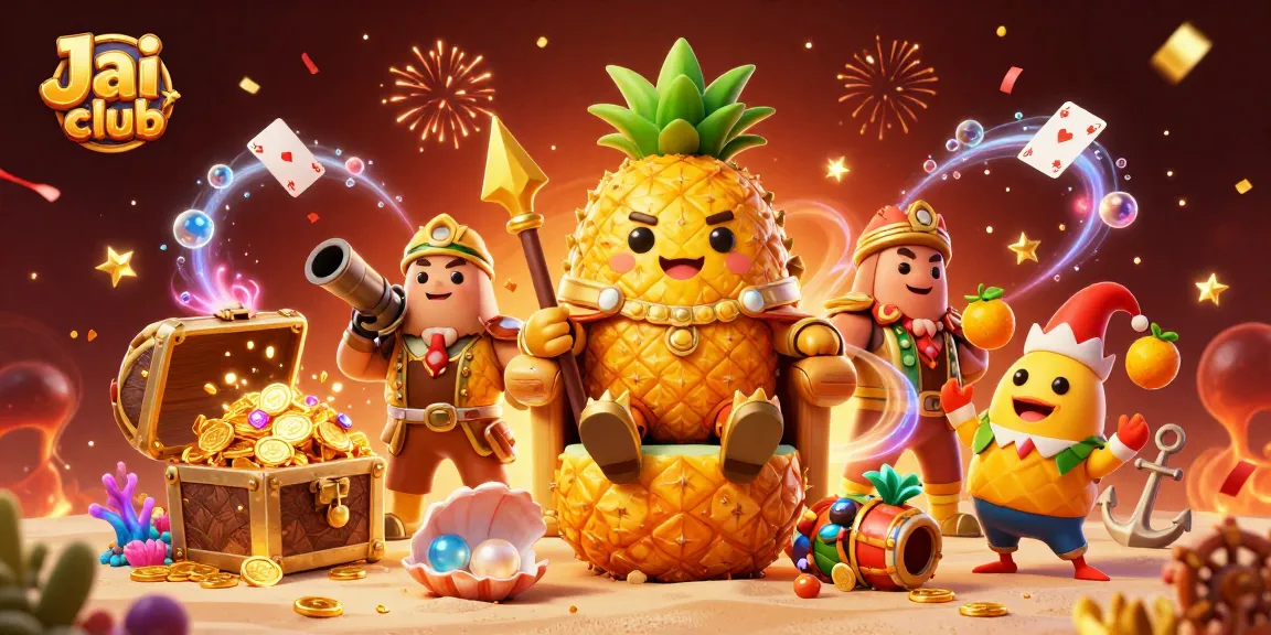 Win big at Jai club with the vibrant casino scene featuring a golden pineapple king and engaging game elements.
