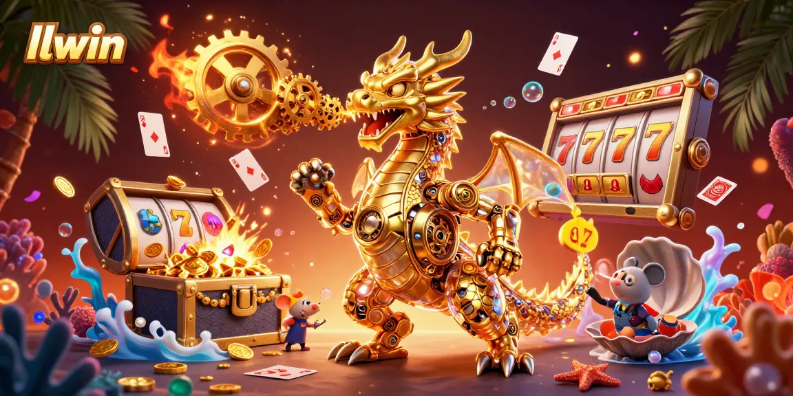 Experience exciting gaming with llwin's vibrant casino atmosphere, featuring dynamic golden dragon and casino elements.