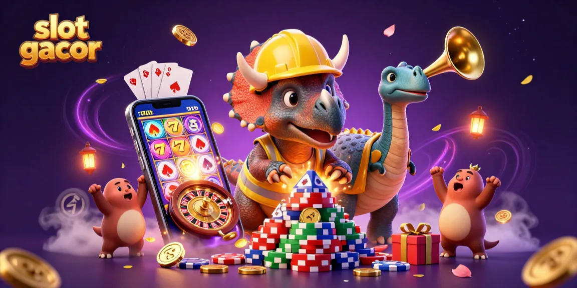 Engage in thrilling slot gacor action as the triceratops builds poker chip pyramids in a vibrant casino.