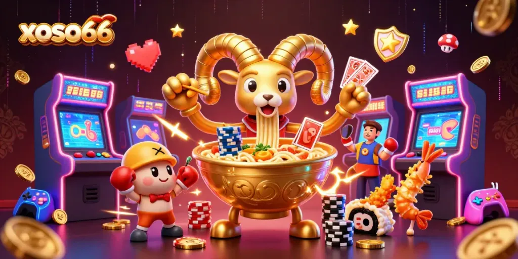 xoso66 entertains gamers with casino elements and vibrant characters in a dynamic illustration