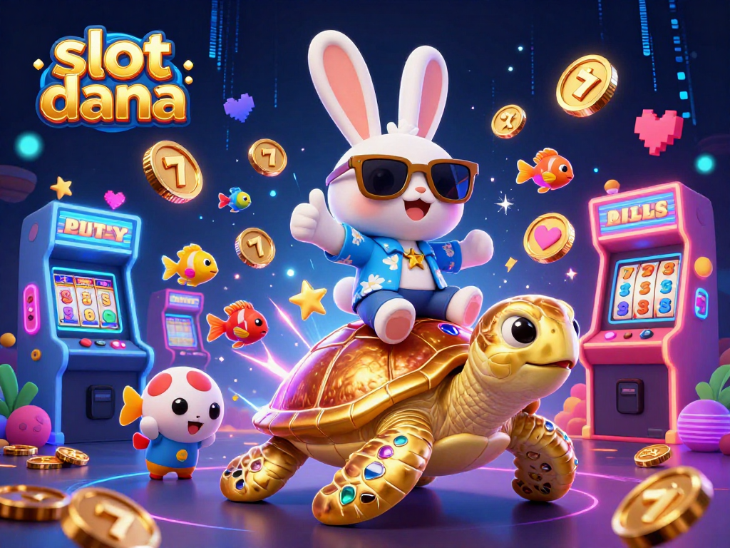 Join the fun with slot dana as a lucky rabbit rides a golden turtle in a vibrant casino scene.