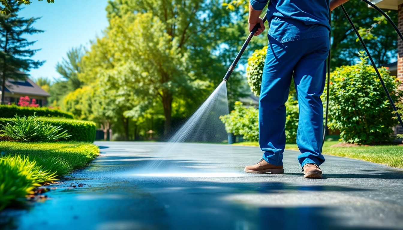 Driveway cleaning technician effectively washing a residential driveway for optimal cleanliness.