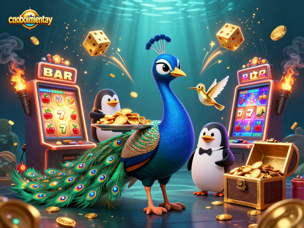 Engage with caoboimientay as a vibrant peacock and penguin showcase a thrilling casino atmosphere