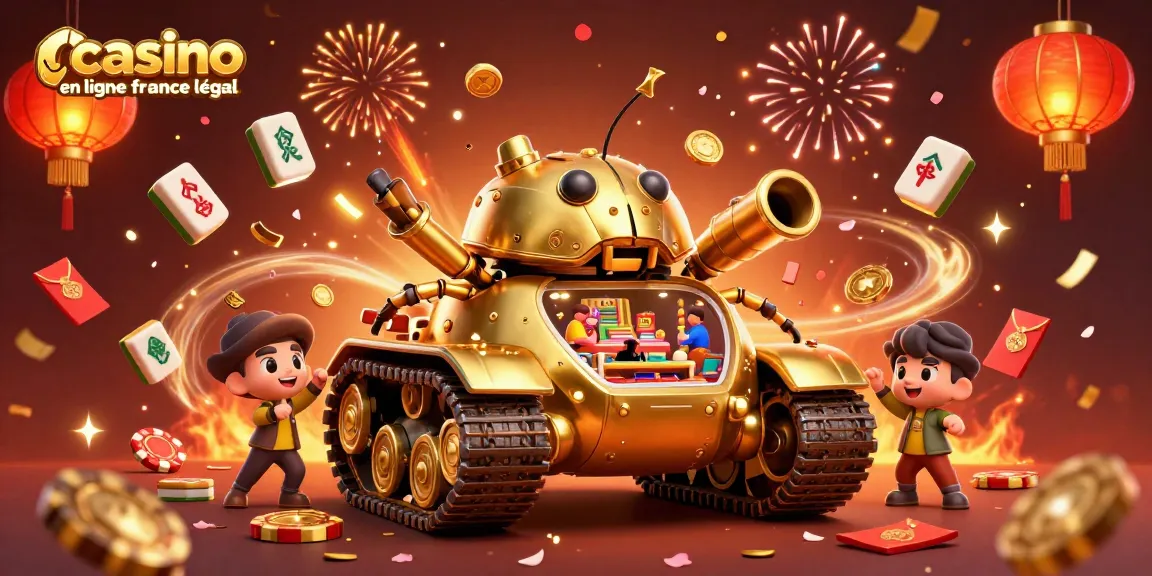 Plongez dans l'univers du casino en ligne légal en France avec cette illustration captivante d'un tank à scarabée doré dévoilant un mini-casino.
