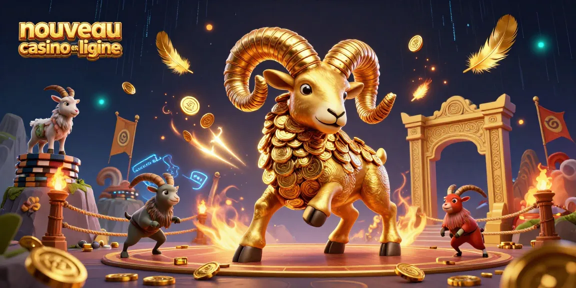Illustration de nouveau casino en ligne avec un bélier doré et une arène dynamique, offrant des jeux captivants.