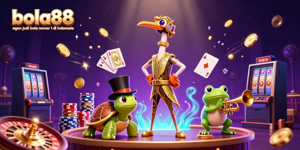 Bola88 agen judi bola nomor 1 di indonesia illustrated with 3D characters celebrating wins in a vibrant casino scene.