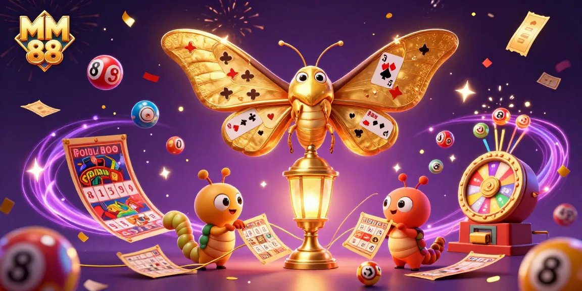 Experience the excitement of MM 88 casino with a vibrant illustration of a 3D moth and golden elements.