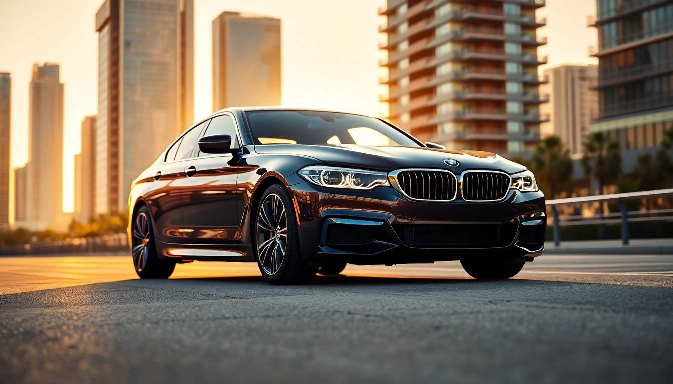 Showcasing a Luxury BMW car in a sophisticated urban setting at sunset.