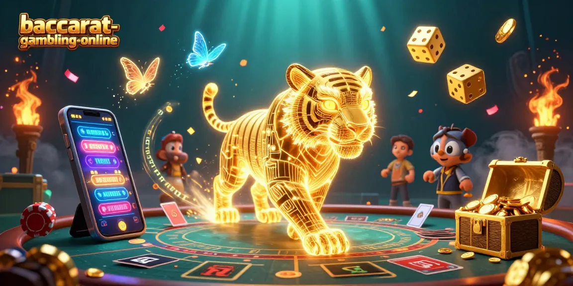 Experience baccarat-gambling-online with a neon-lit casino scene featuring an energetic tiger and vibrant game elements.